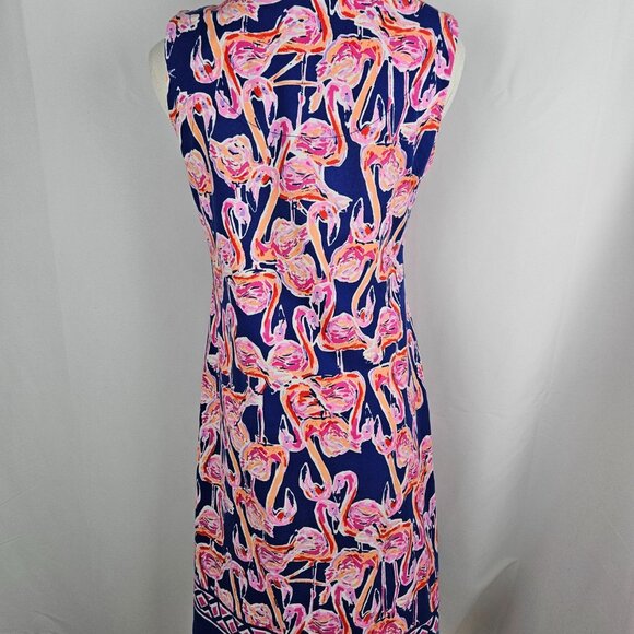 Barbara Erickson Dress Small Flamingo Sleeveless Cotton Blue Pink Shift Tropical - Picture 4 of 10